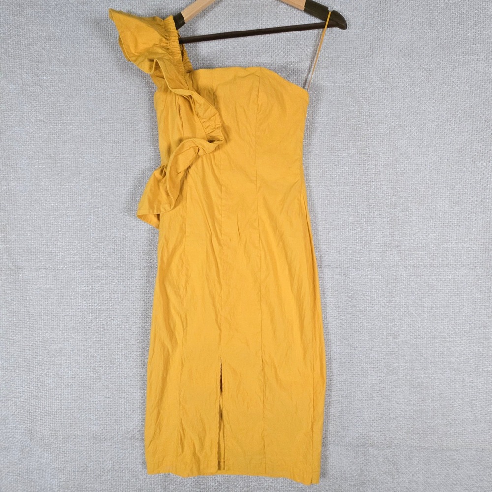 Anthropologie One Shoulder Ruffle Midi Dress Mustard Yellow Linen Blend SP